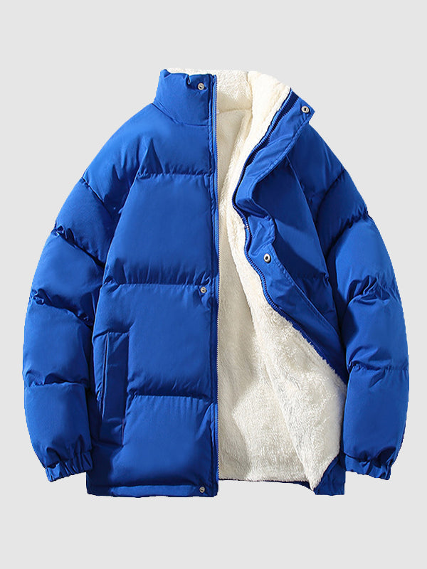 Men's solid color fleece-lined stand collar warm puffer jacket