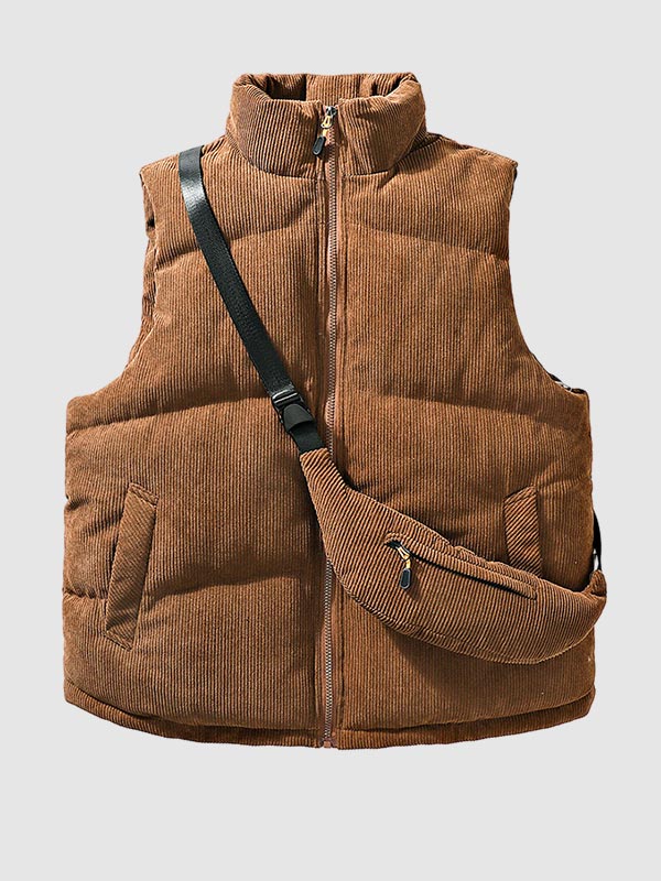 Men's winter corduroy solid color stand collar zipper fly down puffer vest with bag