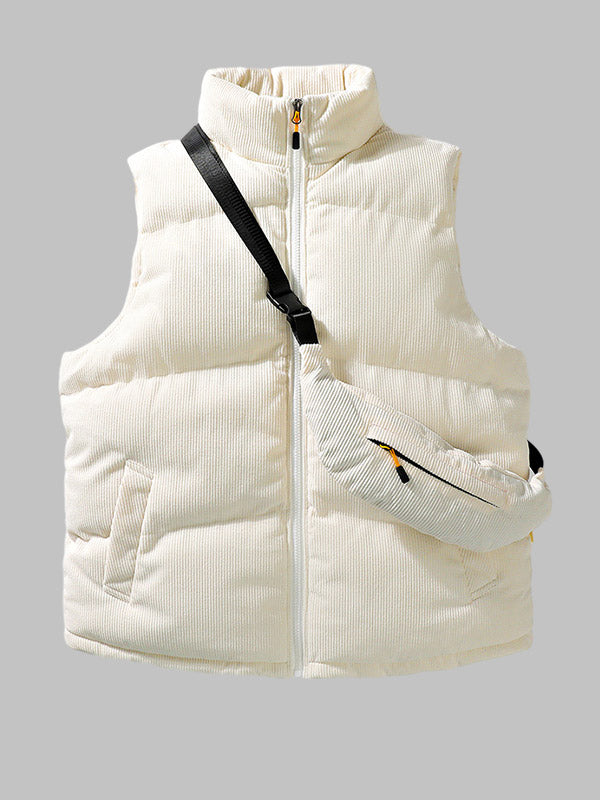 Men's winter corduroy solid color stand collar zipper fly down puffer vest with bag