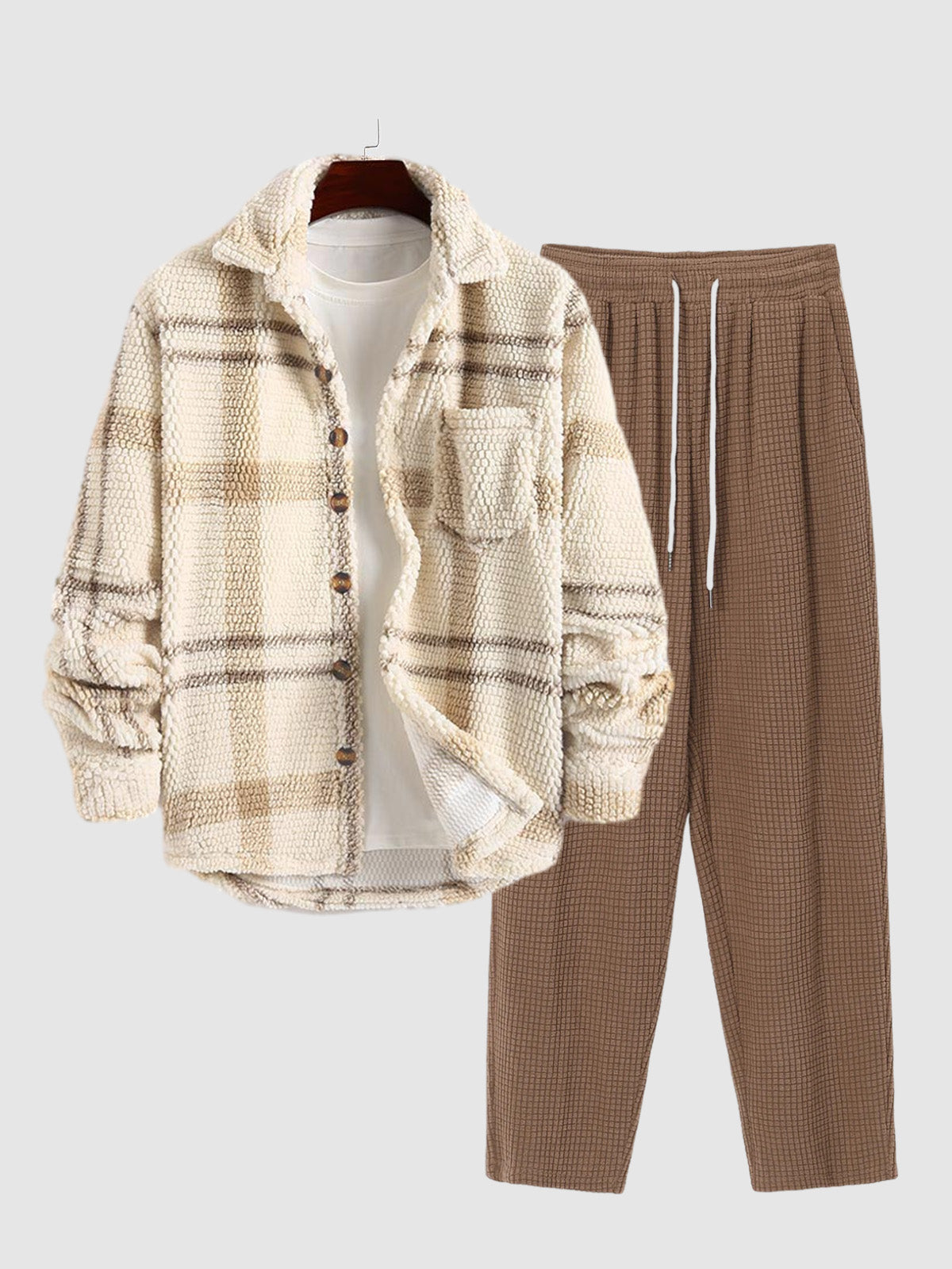 Men's Plaid Fleece Jacket and Casual Pants Set