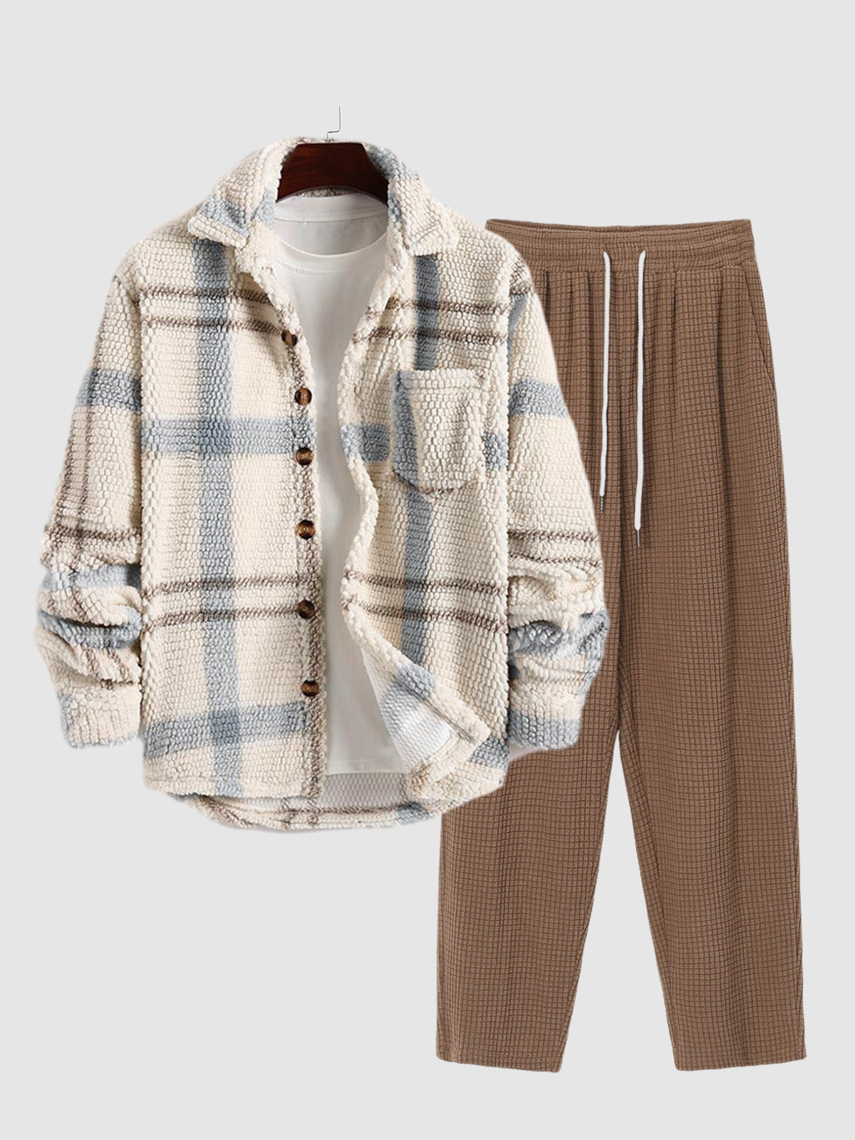 Men's Plaid Fleece Jacket and Casual Pants Set