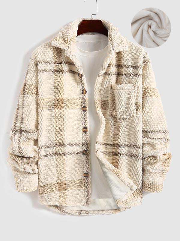 Men's Plaid Fleece Windproof Lined Lapel Button Down Jacket