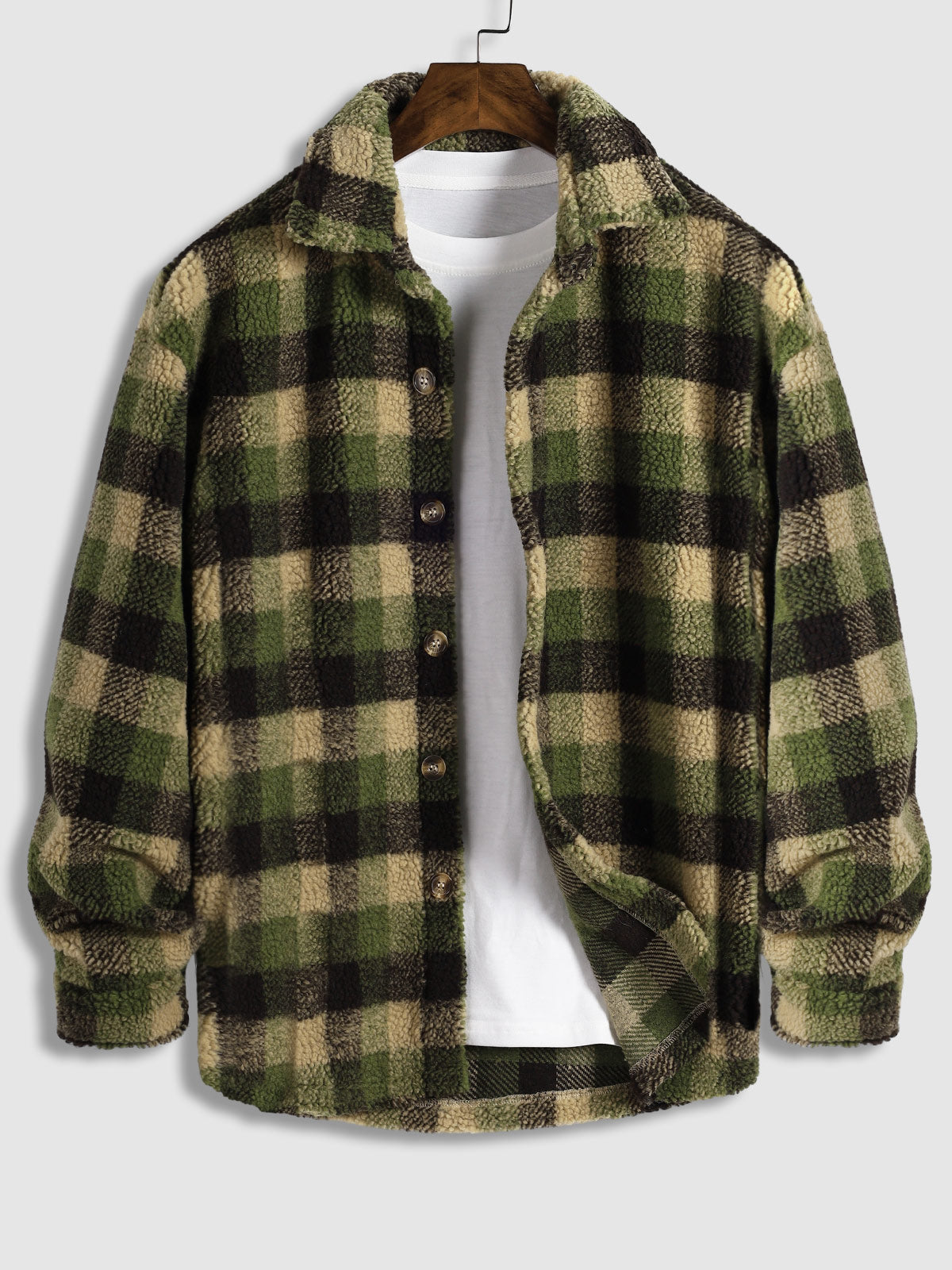 Men's Classic Plaid Fluffy Faux Fur Shirt Casual Button Cardigan Jacket