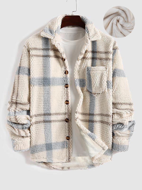 Men's Plaid Fleece Windproof Lined Lapel Button Down Jacket