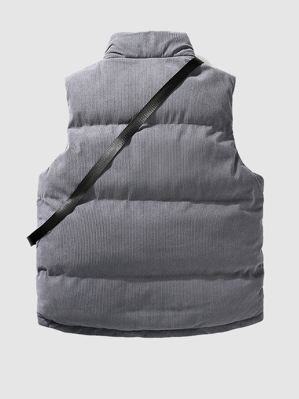 Men's winter corduroy solid color stand collar zipper fly down puffer vest with bag