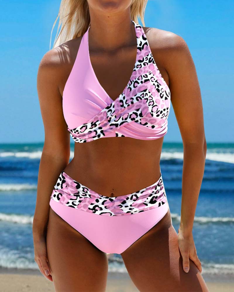 Coral | Leoparden-Patchwork-Bikini mit Neckholder