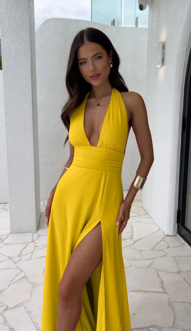 Horizon | Sexy deep v-neck split solid color dress