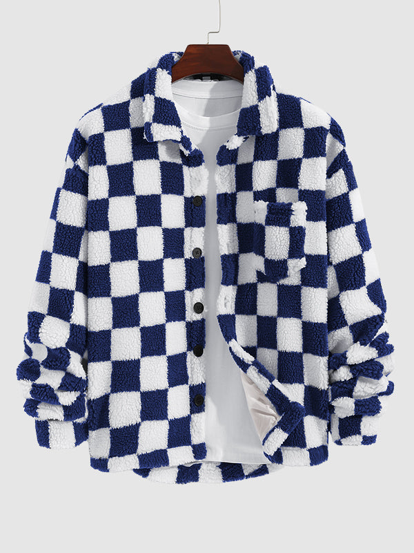 Men's  Colorblock  Checkerboard Plaid  Button  Fly  Fluffy Fleece Jacket