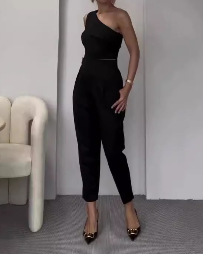 Fashi | Zweiteilig Hohe Taille Hose Top mit schrägem Ausschnitt